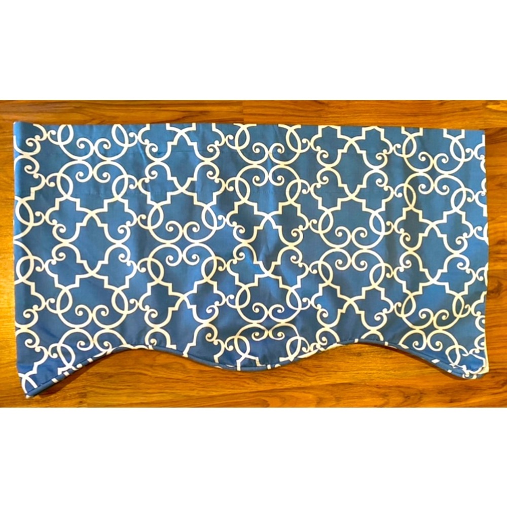 Four (4) Woburn blue /white scalloped valance panels. EUC.  Each 69" w x 19"h.